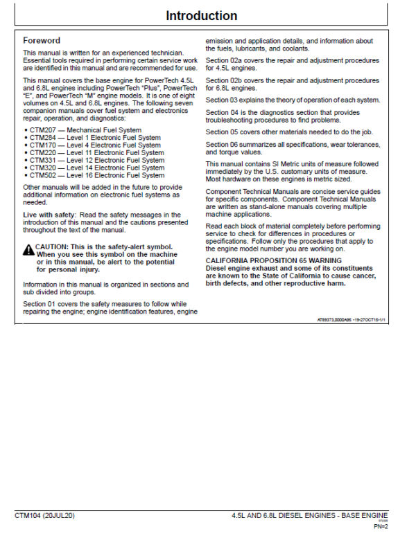 John Deere PowerTech 4.5L & 6.8L Diesel Engines (Base Engine) Repair Technical Manual (CTM104) Workshop Guide
