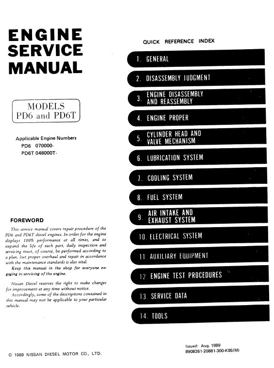 Nissan PD6, PD6T Engine Workshop Service Manual Workshop Guide