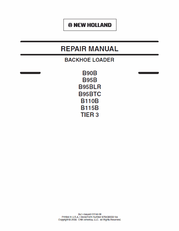 New Holland B90B, B95B, B95 BLR, B95 TC Backhoe Loader Service Manual Workshop Guide