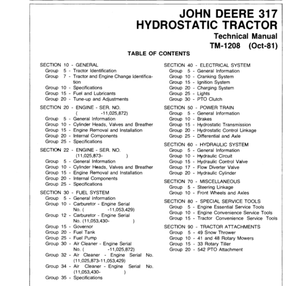 John Deere 317 Hydrostatic Tractor Technical Manual (TM1208) Workshop Guide