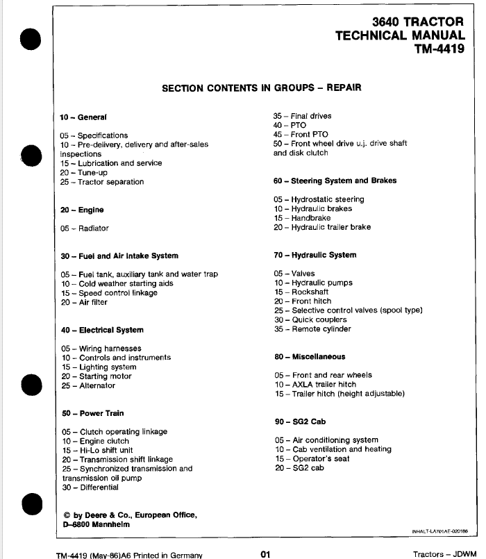 John Deere 3640 Tractor Repair Technical Manual (TM4419) Workshop Guide