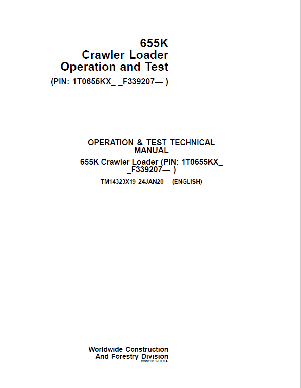 John Deere 655K Crawler Loader Repair Technical Manual (S.N after F339207 – ) Workshop Guide