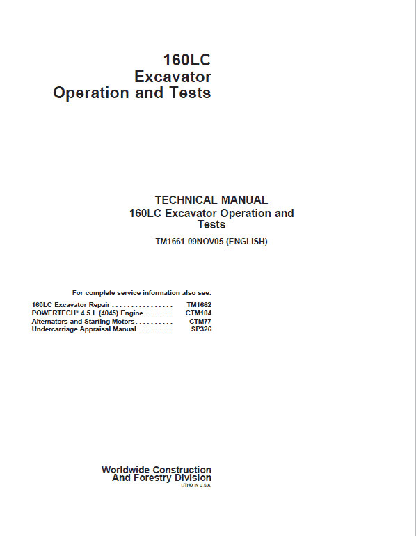 John Deere 160LC Excavator Repair Technical Manual Workshop Guide