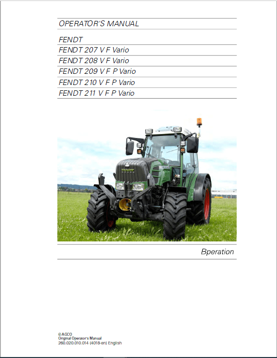 Fendt 207, 208, 209, 210, 211 Vario VFP Tractors Workshop Repair Manual
