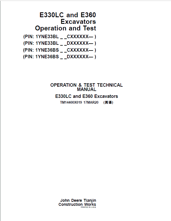 John Deere E330LC, E360 Excavator Repair Manual (S.N after CXXXXXX – & DXXXXXX -) Workshop Guide