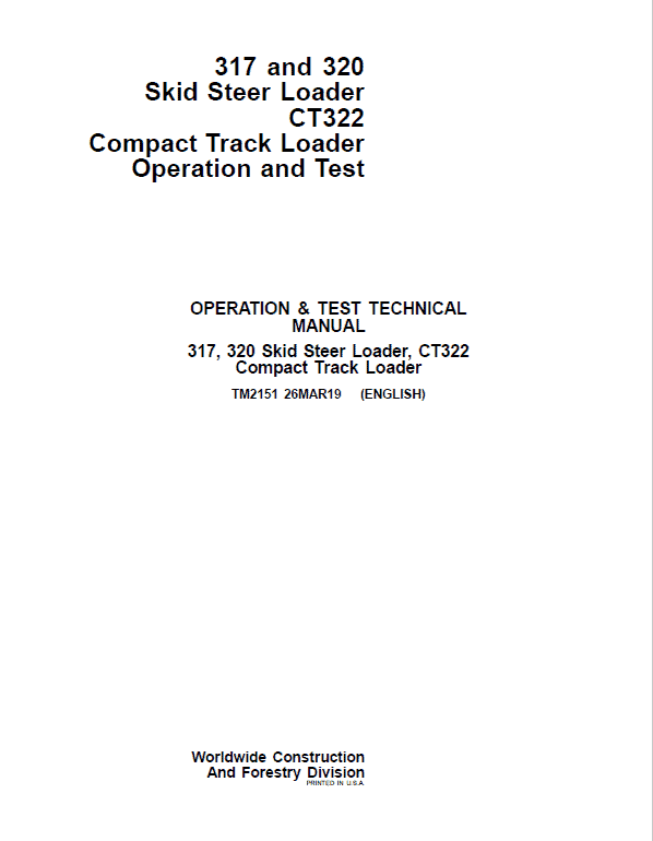 John Deere CT322 Compact Loader Repair Technical Manual Workshop Guide