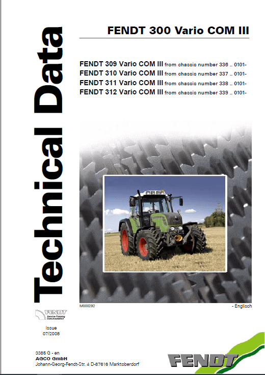Fendt 309, 310, 311, 312 Vario COM III Tractors Repair Workshop Manual Workshop Guide