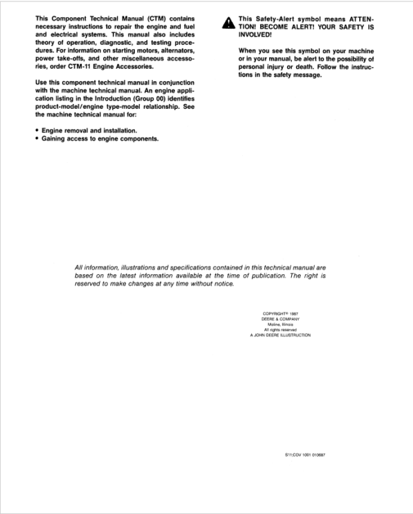 John Deere 8955 Engines Service Repair Manual (CTM10) Workshop Guide