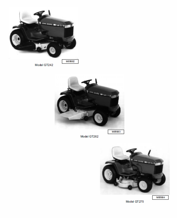 John Deere GT242, GT262, GT275 Lawn Garden Tractors Technical Manual (TM1582) Workshop Guide