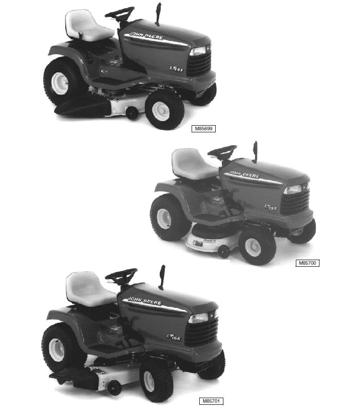 John Deere LT133, LT155, LT166 Lawn Tractor Technical Manual (TM1695) Workshop Guide