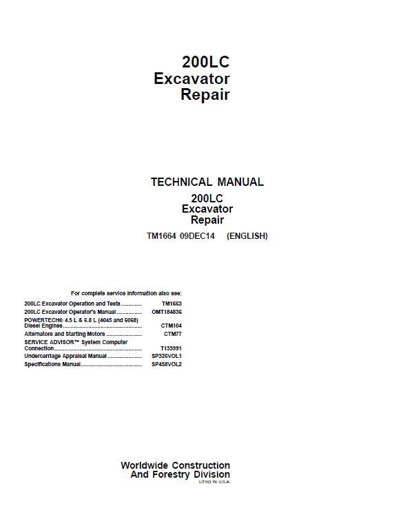 John Deere 200LC Excavator Repair Technical Manual Workshop Guide