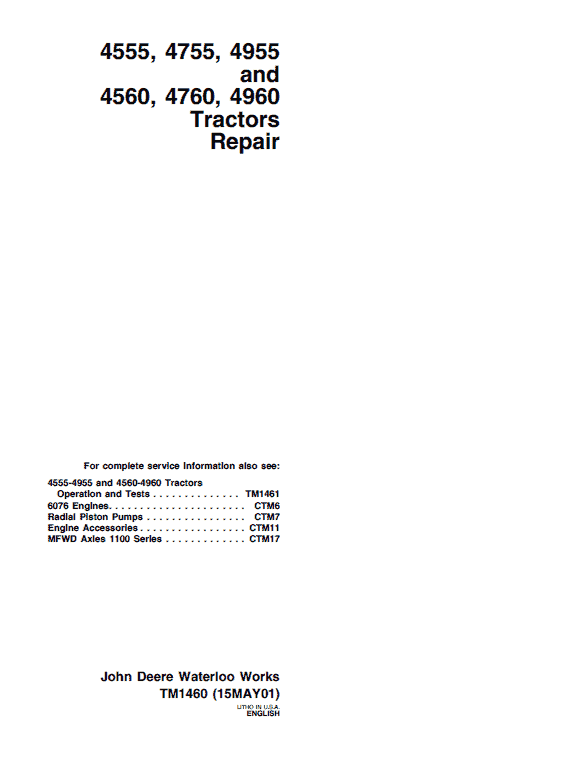 John Deere 4555, 4755, 4955 Tractors Repair Technical Manual Workshop Guide