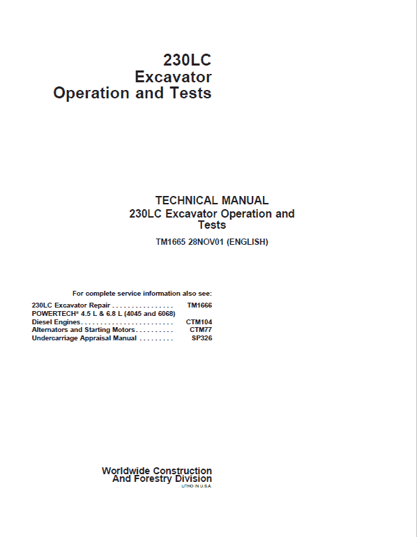 John Deere 230LC Excavator Repair Technical Manual Workshop Guide