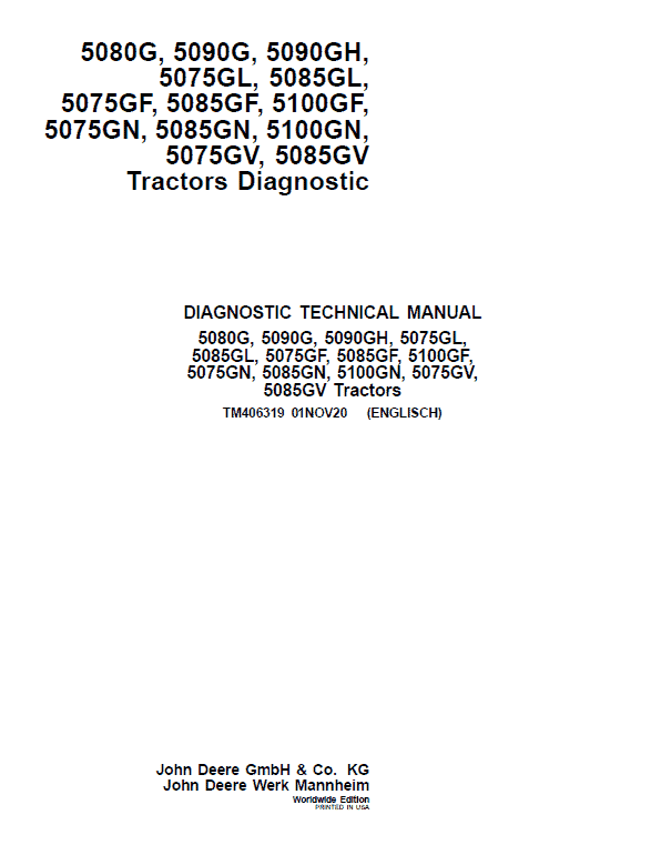 John Deere 5075GL, 5075GF, 5075GN, 5075GV Tractors Repair Technical Manual Workshop Guide