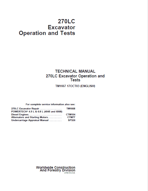 John Deere 270LC Excavator Repair Technical Manual Workshop Guide