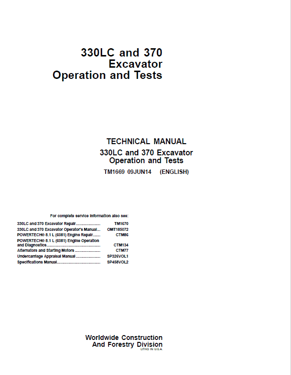 John Deere 330LC, 370 Excavator Repair Technical Manual Workshop Guide