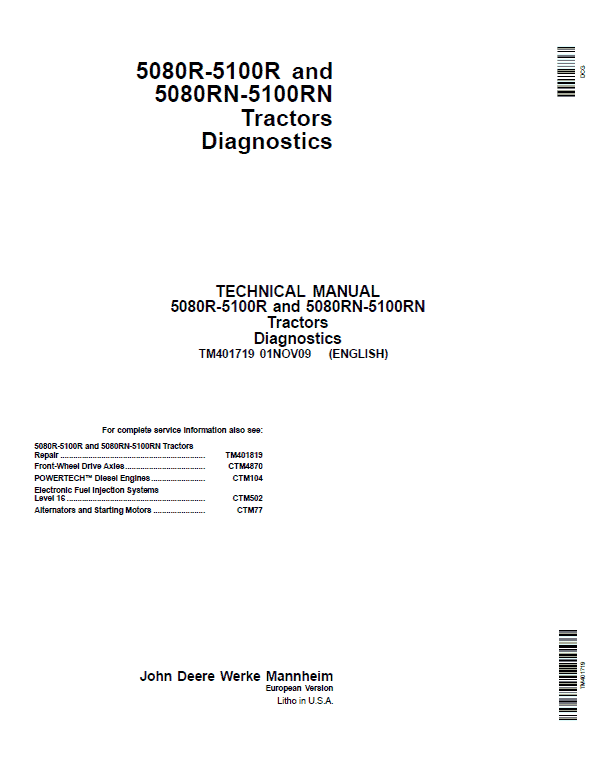 John Deere 5080R, 5080RN, 5090R, 5090RN, 5100R, 5100RN Tractor Repair Manual Workshop Guide
