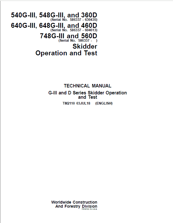 John Deere 540G-III, 548G-III, 360D Skidder Repair Manual (S.N. 586337 – 630435) Workshop Guide