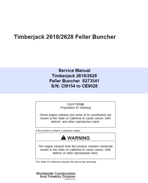 John Deere Timberjack 2618, 2628 Tracked Feller Bunchers Harvester Repair Manual Workshop Guide