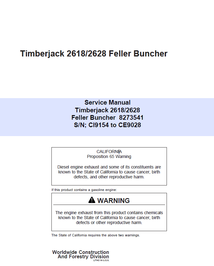 John Deere Timberjack 2618, 2628 Tracked Feller Bunchers Harvester Repair Manual Workshop Guide
