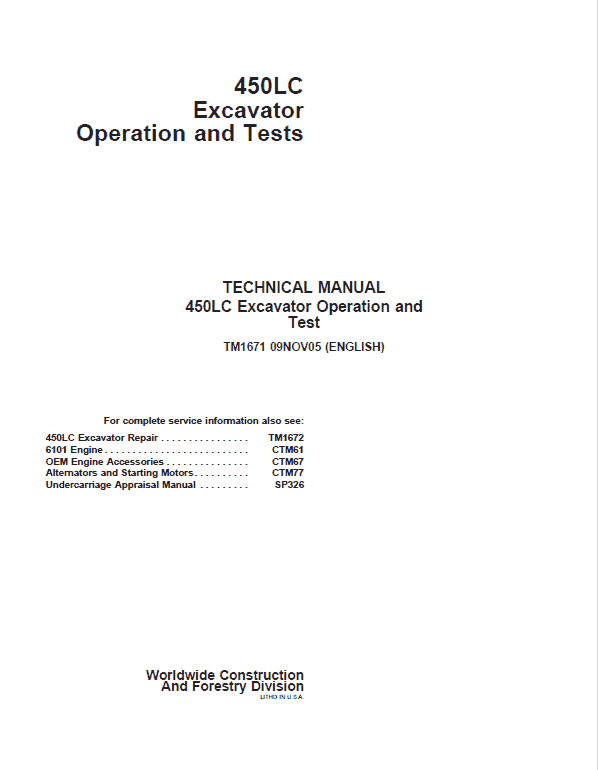 John Deere 450LC Excavator Repair Technical Manual Workshop Guide