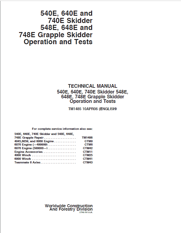 John Deere 548E, 648E, 748E Grapple Skidder Repair Technical Manual Workshop Guide