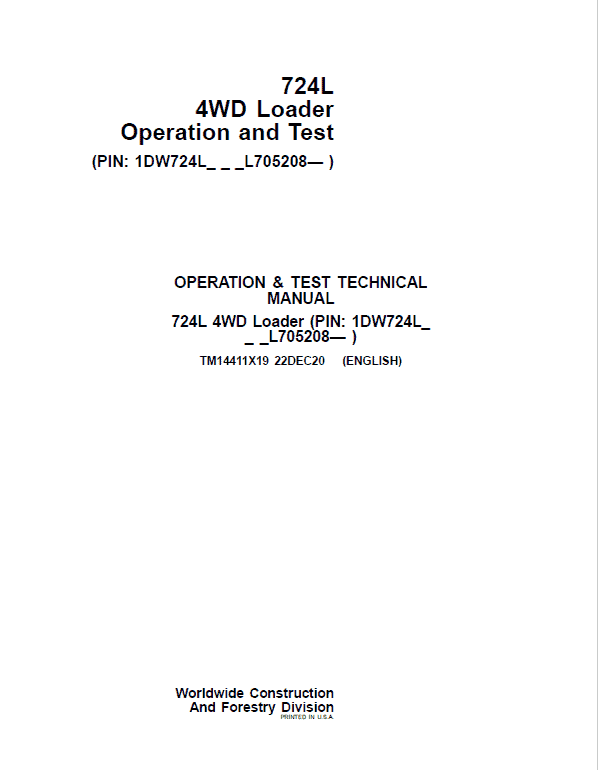 John Deere 724L 4WD Loader Repair Technical Manual (S.N L705208 – ) Workshop Guide