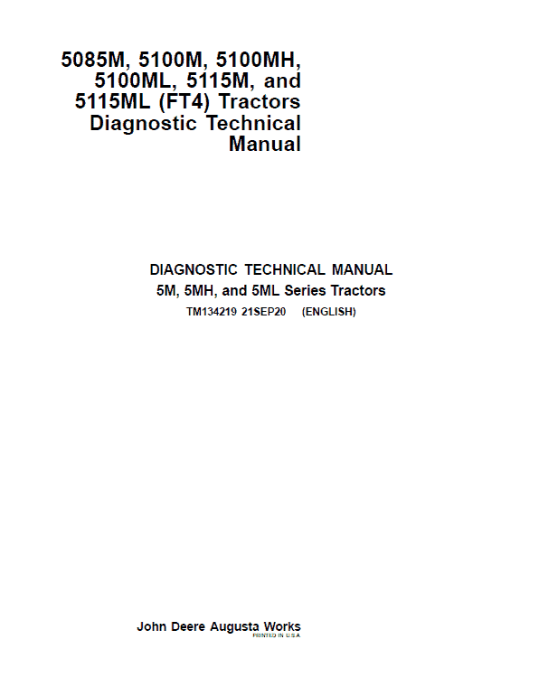 John Deere 5085M, 5100M, 5100MH, 5100ML, 5115M, 5115ML (FT4) Tractors Repair Manual Workshop Guide