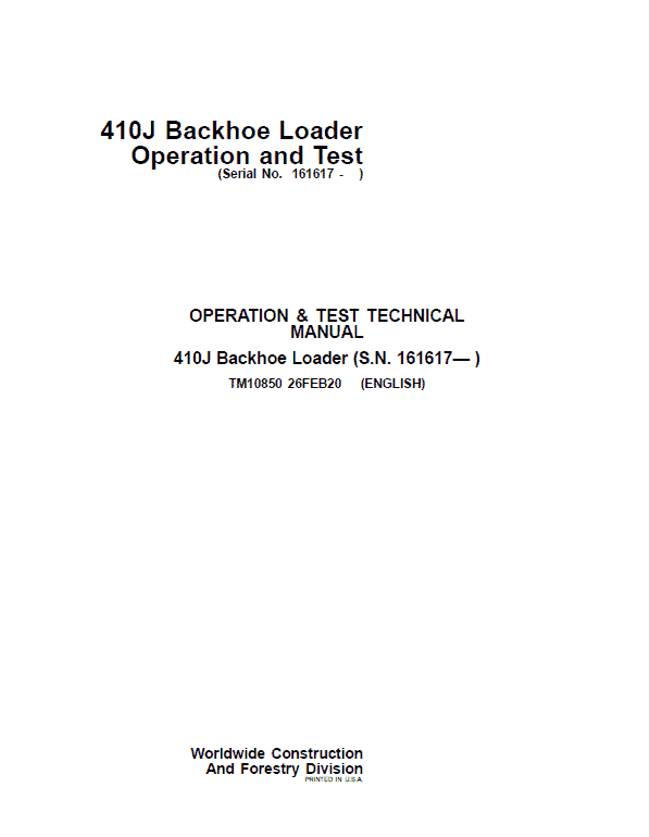 John Deere 410J Backhoe Loader Repair Technical Manual (S.N after 161617 – ) Workshop Guide