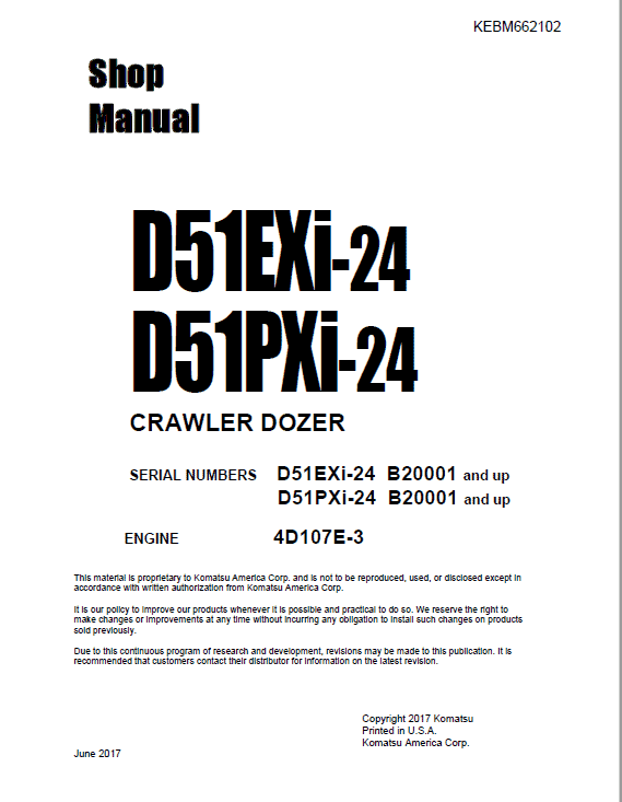Komatsu D51EXi-24, D51PXi-24 Dozer Service Manual Workshop Guide