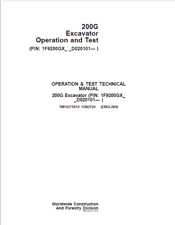 John Deere 200G Excavator Repair Technical Manual (S.N after D020101 – ) Workshop Guide