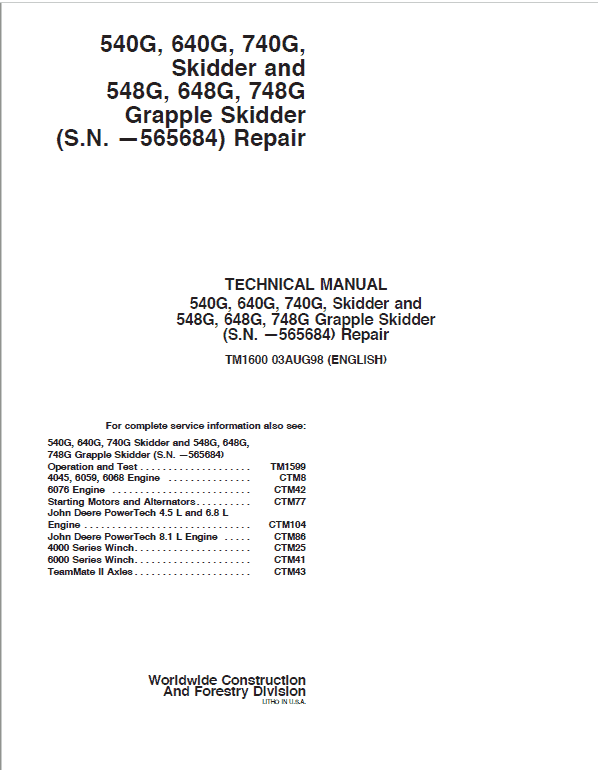 John Deere 548G, 648G, 748G Grapple Skiders Repair Manual (S.N before 565684) Workshop Guide
