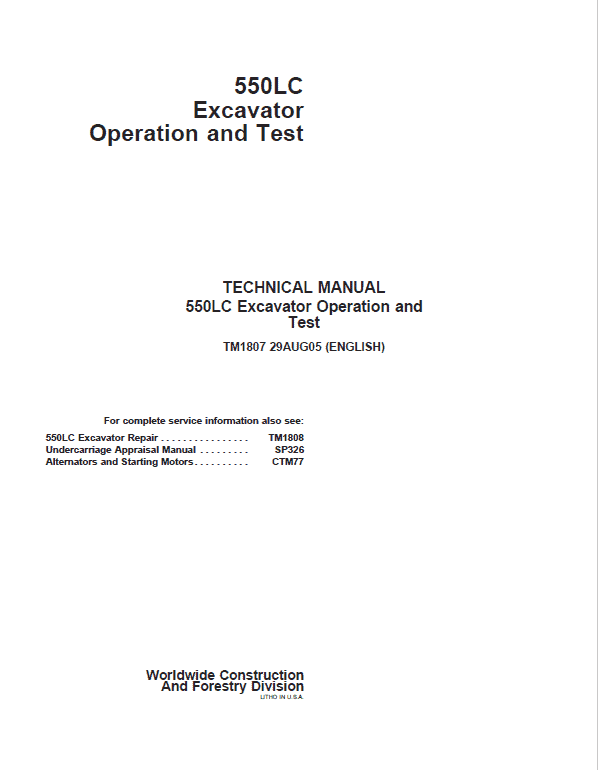 John Deere 550LC Excavator Repair Technical Manual Workshop Guide