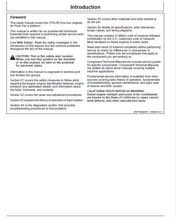 John Deere 3TNV88F Eco-Gov Diesel Engines Final Tier 4 Repair Manual (CTM144419) Workshop Guide