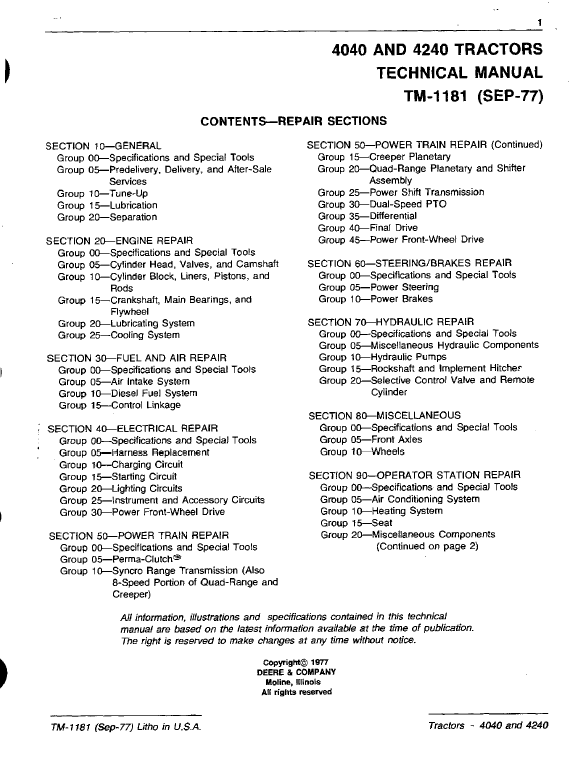 John Deere 4040, 4240 Tractors Repair Technical Manual Workshop Guide