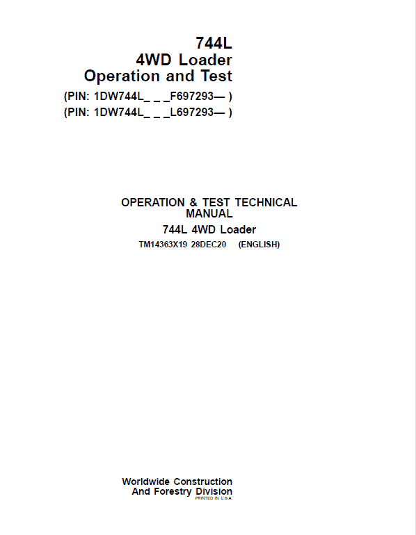John Deere 744L 4WD Loader Repair Technical Manual (S.N F697293 & L697293 – ) Workshop Guide