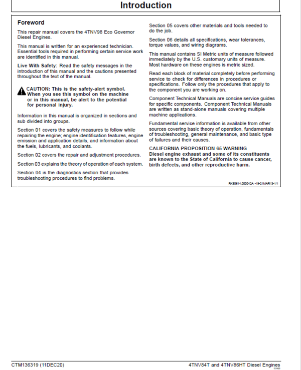 John Deere 4TNV84T and 4TNV86HT Diesel Engines Repair Manual (CTM136319) Workshop Guide
