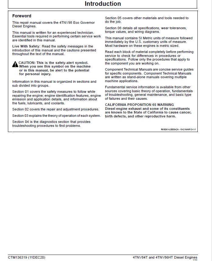 John Deere 4TNV84T and 4TNV86HT Diesel Engines Repair Manual (CTM136319) Workshop Guide