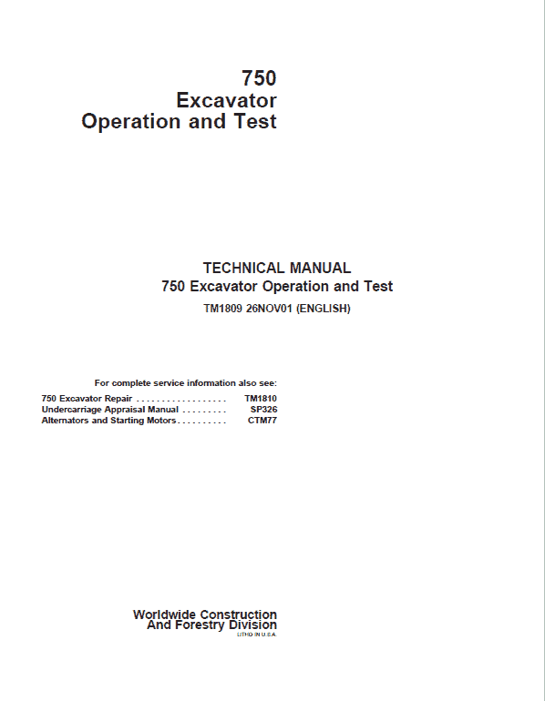John Deere 750 Excavator Repair Technical Manual Workshop Guide