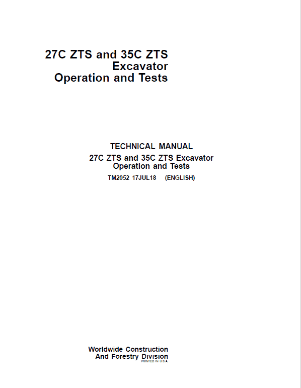 John Deere 27C ZTS, 35C ZTS Excavator Repair Technical Manual Workshop Guide