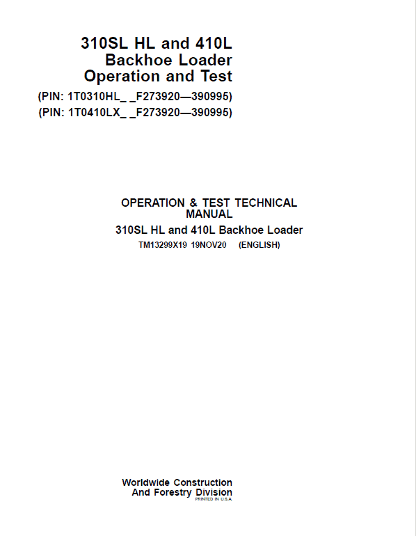 John Deere 310SL HL, 410L Backhoe Loader Technical Manual (S.N F273920 -F390995) Workshop Guide