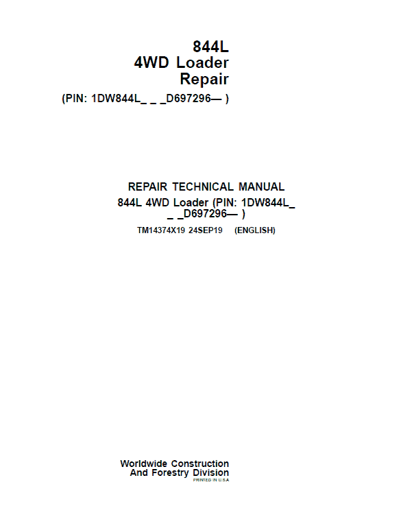 John Deere 844L 4WD Loader Repair Technical Manual (S.N D697293 – ) Workshop Guide