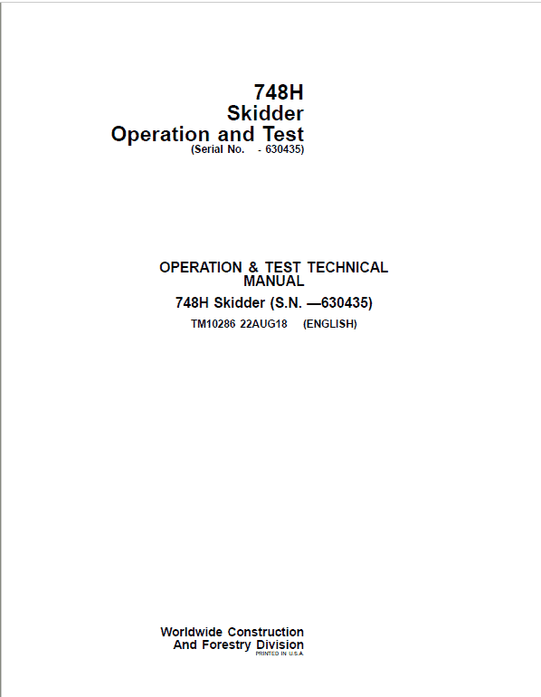 John Deere 748H Skidder Repair Technical Manual (S.N before 630435) Workshop Guide