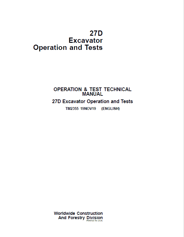 John Deere 27D Excavator Repair Technical Manual Workshop Guide