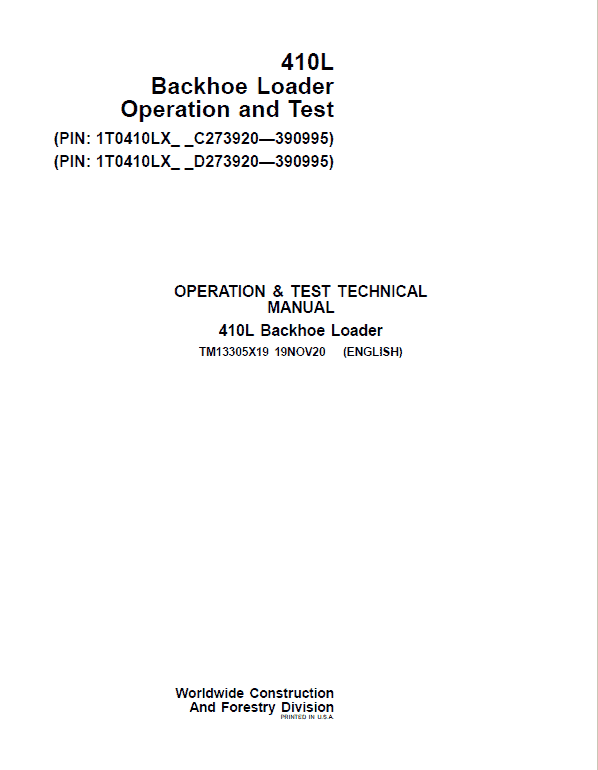 John Deere 410L Backhoe Repair Technical Manual (S.N after C273920 & D273920 – 390995) Workshop Guide