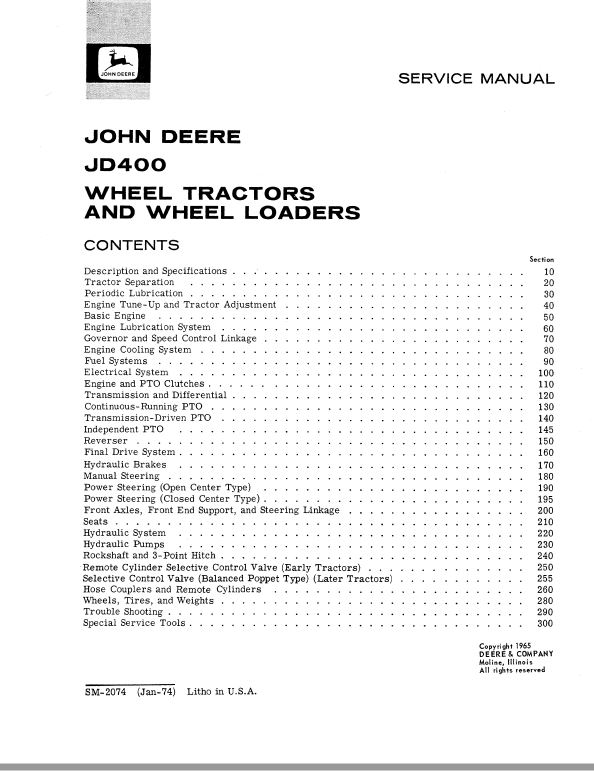 John Deere JD400 Tractor Repair Technical Manual (SM2074) Workshop Guide