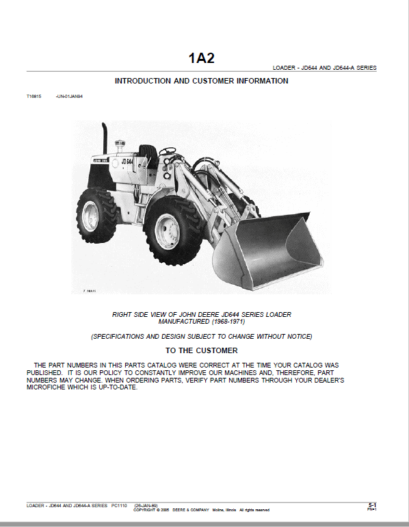 John Deere 644, 644A Loader Parts Manual PC1110 Workshop Guide