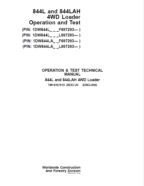 John Deere 844L, 844LAH 4WD Loader Repair Technical Manual (S.N F697293 & L697293 – ) Workshop Guide