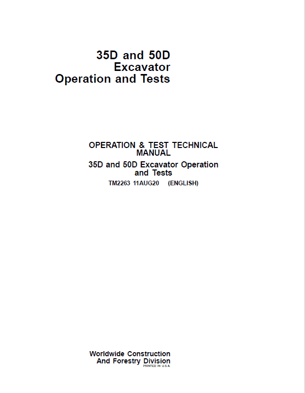 John Deere 30D, 50D Excavator Repair Technical Manual Workshop Guide