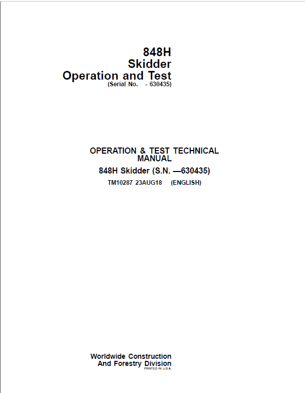 John Deere 848H Skidder Repair Technical Manual (S.N before 630435) Workshop Guide